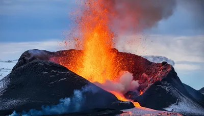Volcanic Eruption With Lava Fountains And Ash Plume