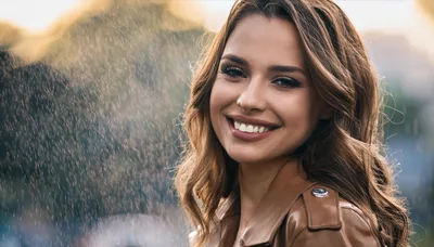 Smiling Woman In Leather Jacket During Rain Shower