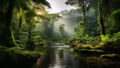 Sunlit Tropical Rainforest River Scene