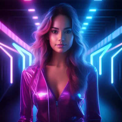Portrait Of A Woman In A Futuristic Neon Corridor