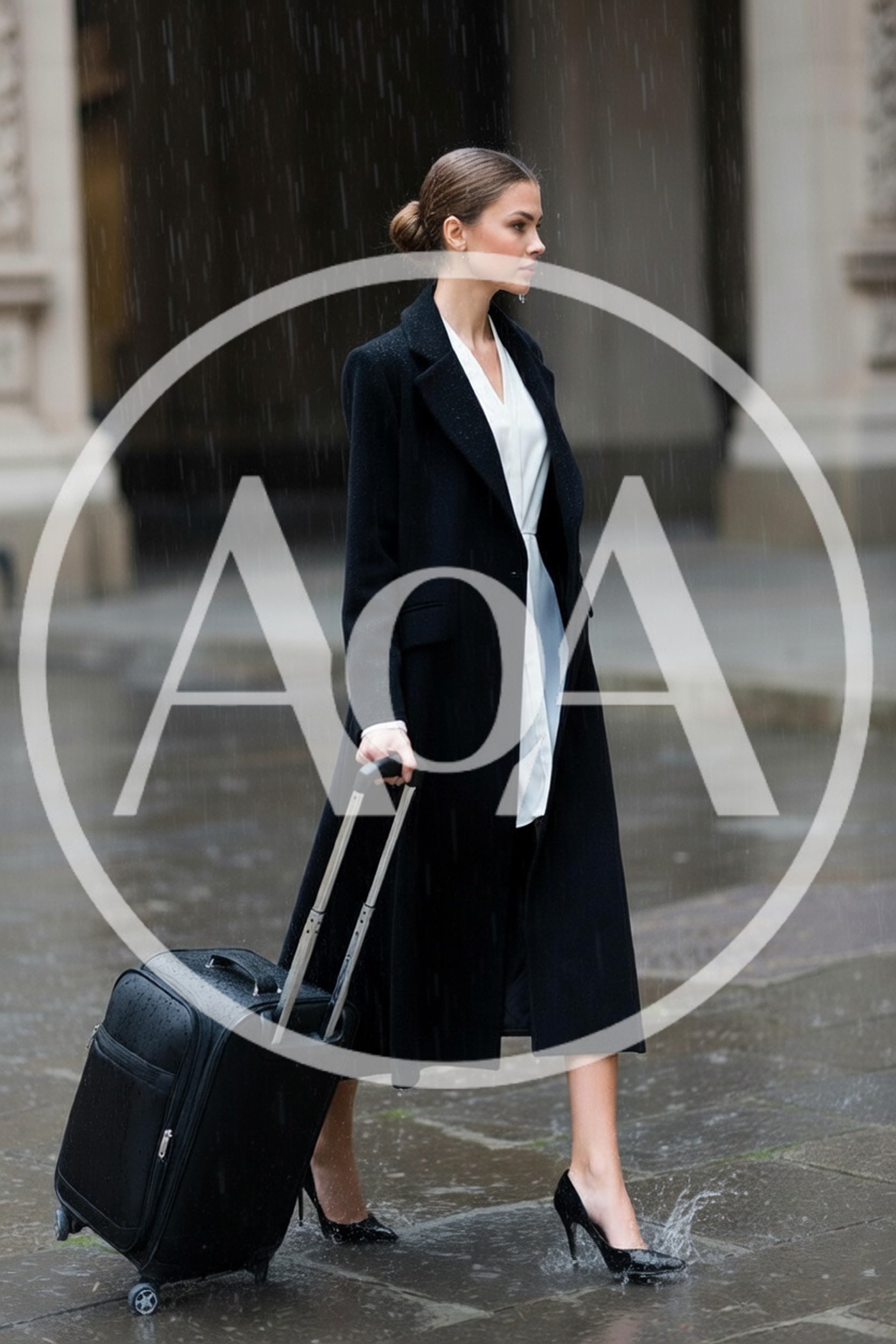 Elegant Woman Walking With Suitcase In The Rain