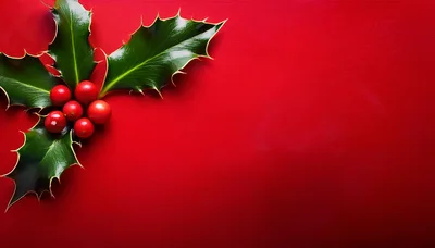 Holly Leaves and Berries on Red Background