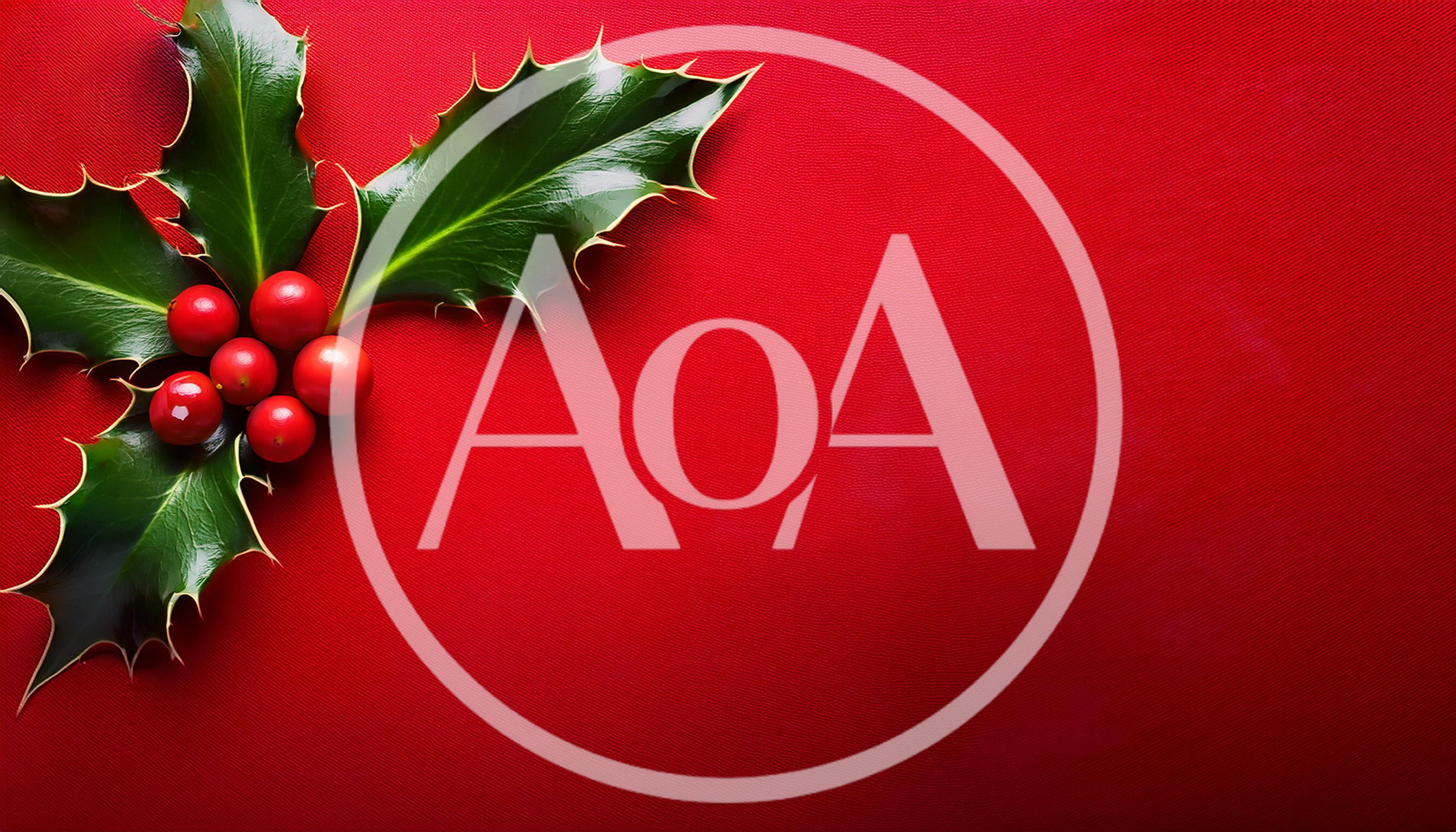 Holly Leaves and Berries on Red Background