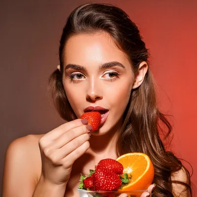 Beautiful Young Woman Eating Fresh Strawberry