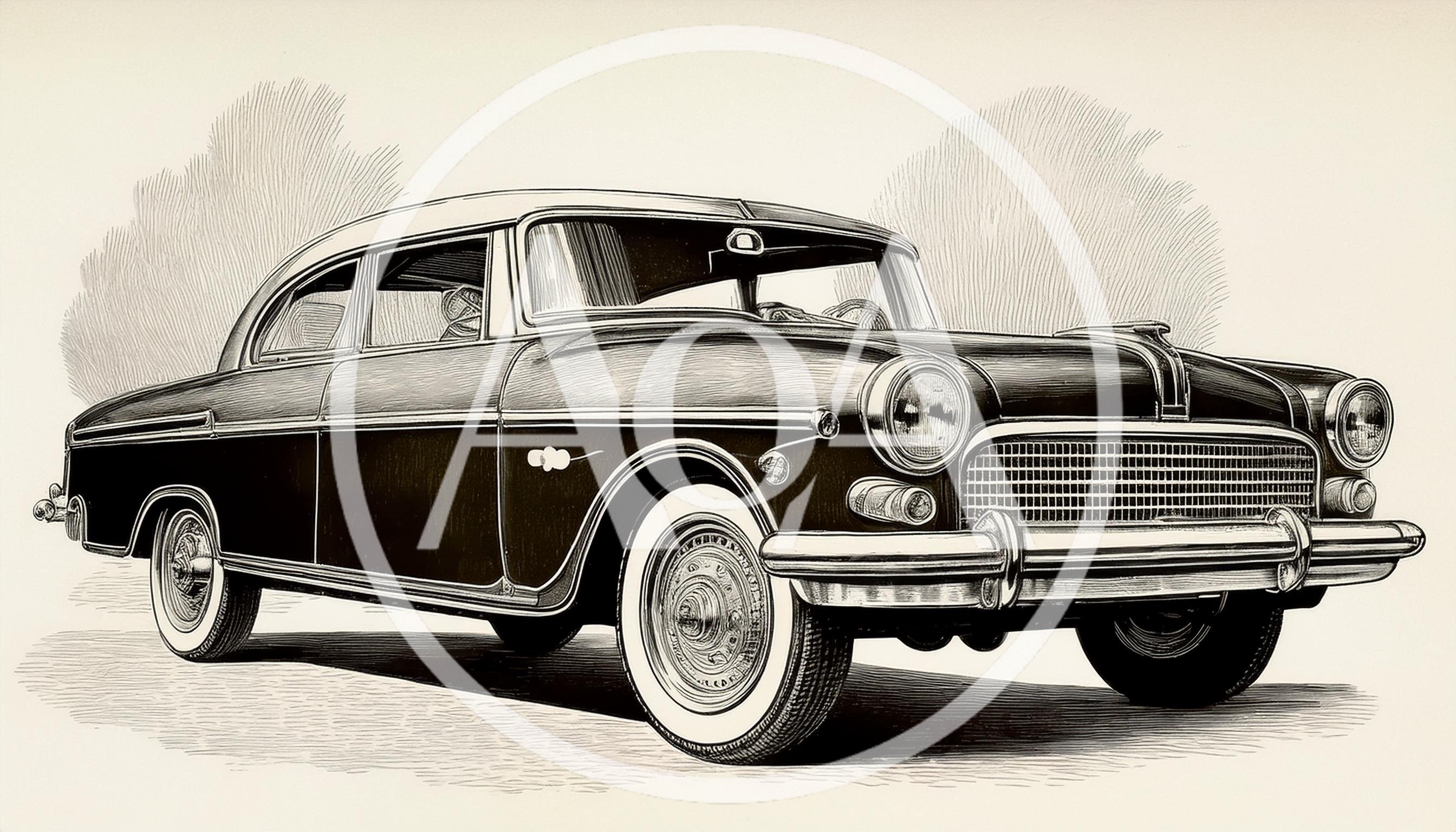 Vintage Classic Sedan Line Art Illustration