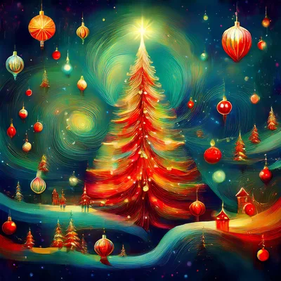 Abstract Impressionist Christmas Tree With Floating Ornaments