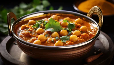 Traditional Indian Chickpea Curry In A Copper Bowl