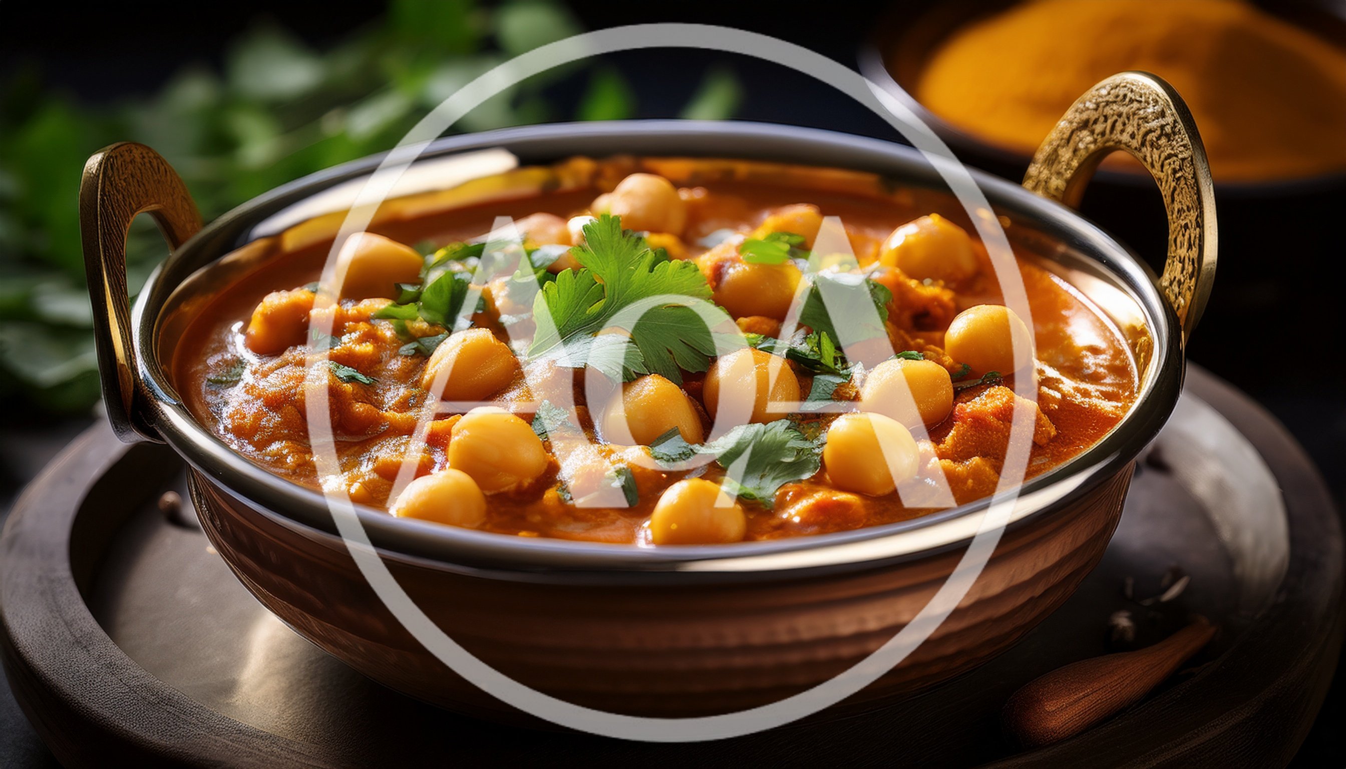 Traditional Indian Chickpea Curry In A Copper Bowl