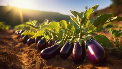 Fresh Eggplants Growing In A Sunny Field