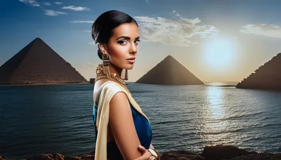 Egyptian Queen Portrait Against Pyramids At Sunset