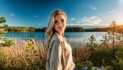 Beautiful Blonde Woman Posing By A Scenic Lake