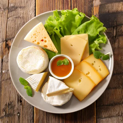 Assorted Cheese Platter With Honey And Lettuce