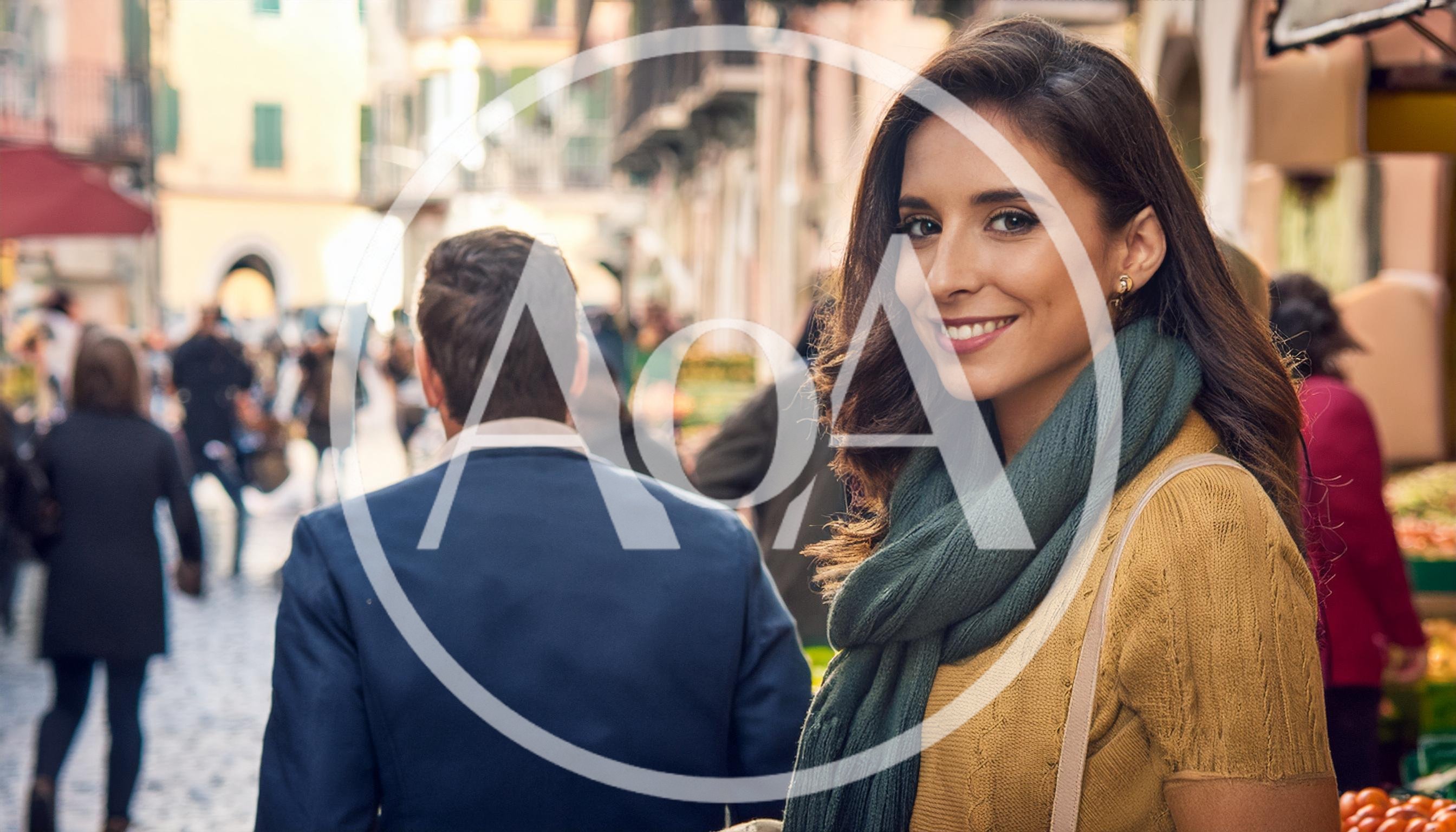 Smiling Woman Walking Through A Bustling Italian Market