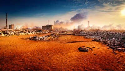 Ruined Industrial Site With Debris And Smoke