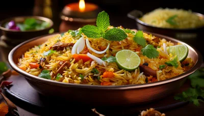 Delicious Chicken Biryani Served In A Copper Bowl
