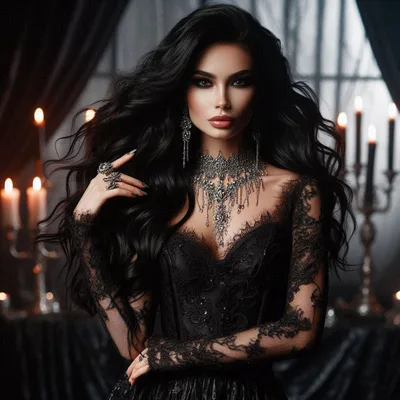 Gothic Woman In Black Lace Dress With Ornate Jewelry