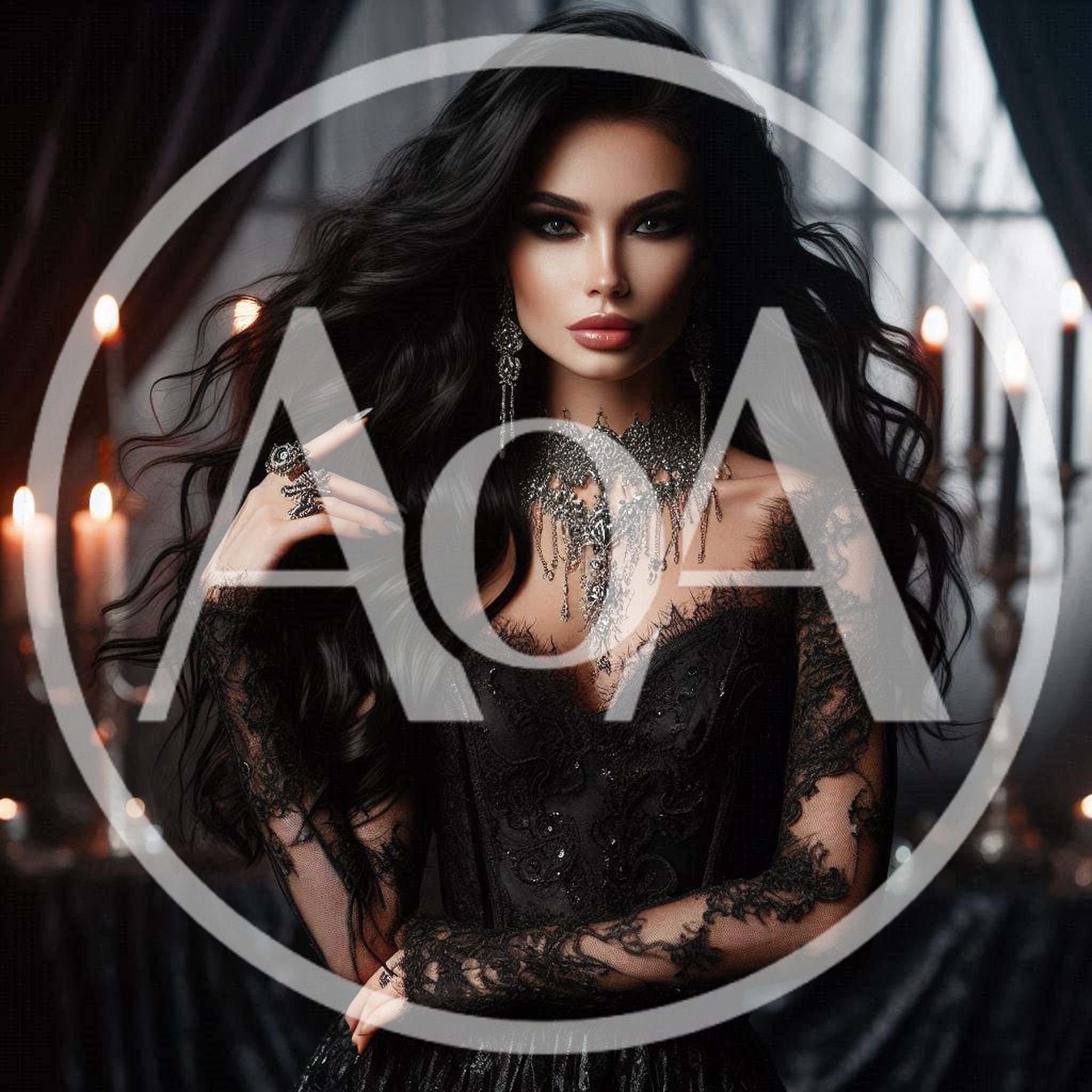 Gothic Woman In Black Lace Dress With Ornate Jewelry