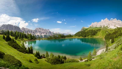Panoramic View Of Lago Di Federa In The Dolomites