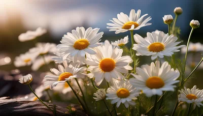 Sunlit White Daisy Flowers In A Meadow