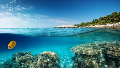 Split Level Underwater View Of Tropical Coral Reef