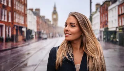 Young Woman Walking Through Rainy London Street
