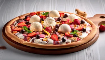 Dessert Pizza Topped With Ice Cream And Fresh Strawberries