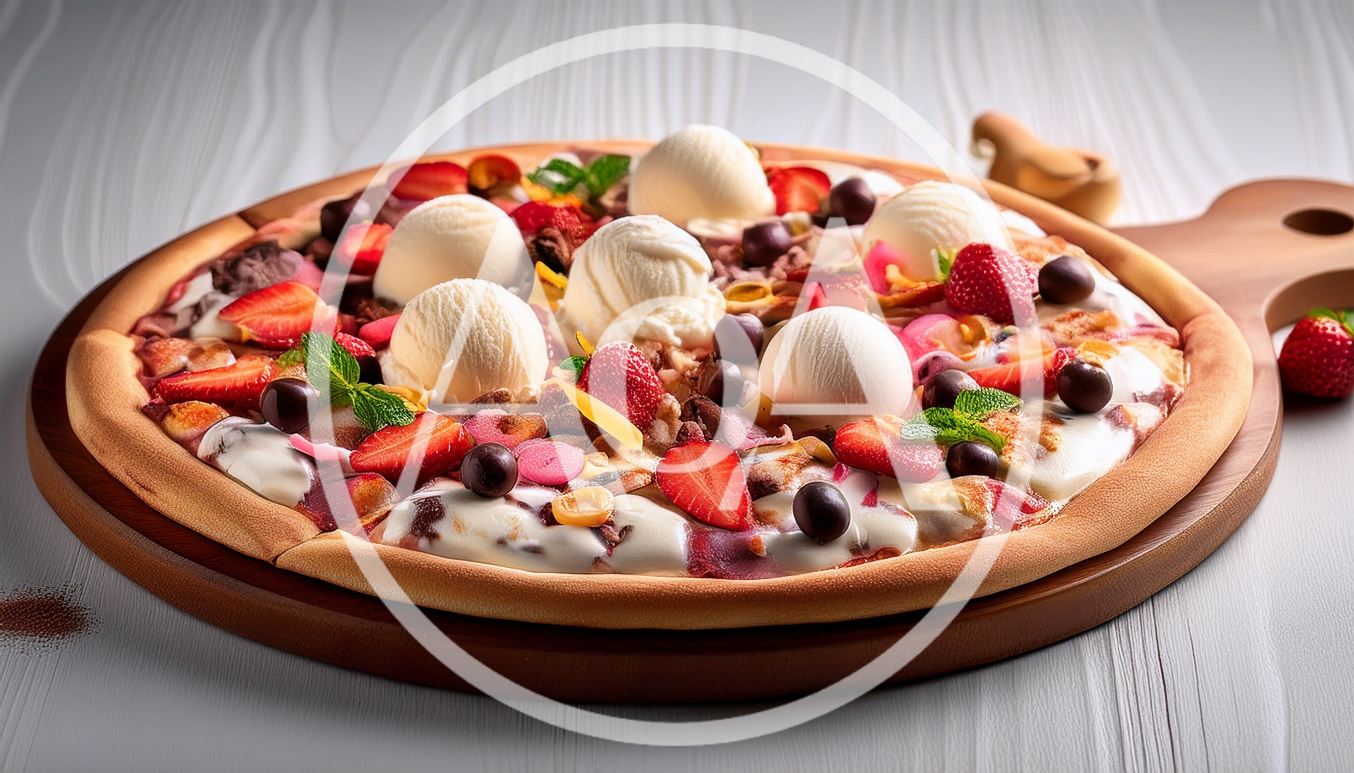Dessert Pizza Topped With Ice Cream And Fresh Strawberries