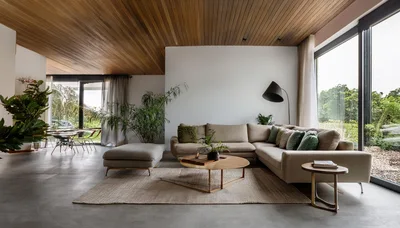 Modern Living Room Interior With Wooden Ceiling
