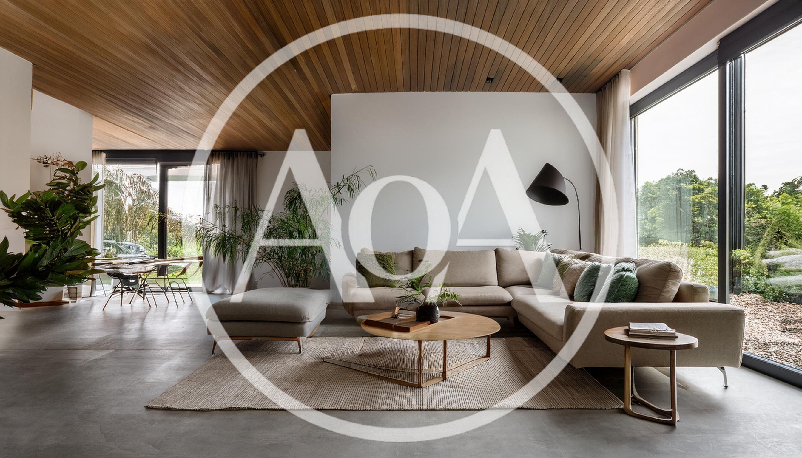 Modern Living Room Interior With Wooden Ceiling