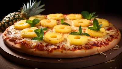 Fresh Pineapple Pizza With Mint Leaves On Wooden Board