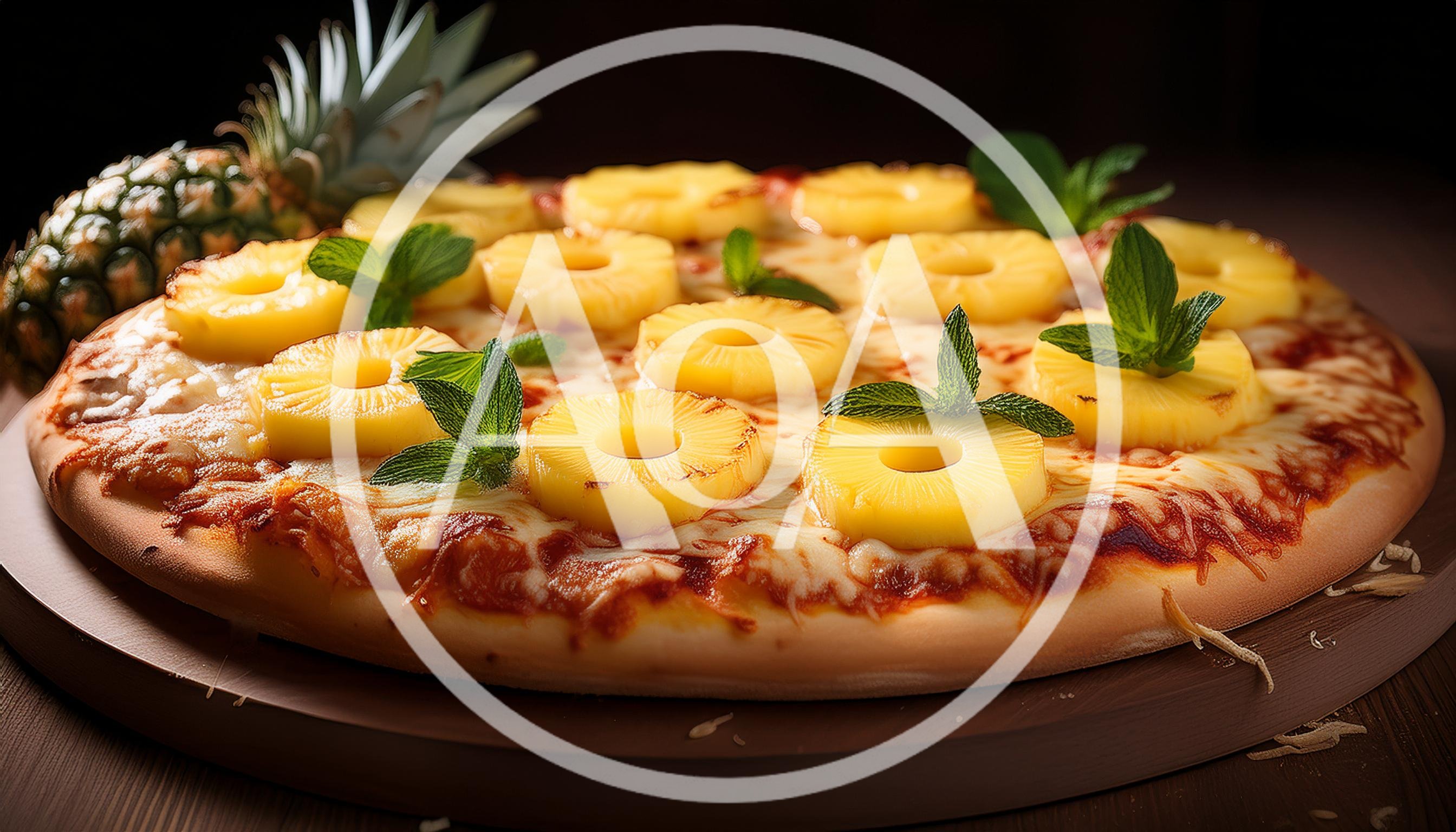 Fresh Pineapple Pizza With Mint Leaves On Wooden Board