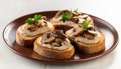 Mushroom Bruschetta Appetizers on a Brown Plate