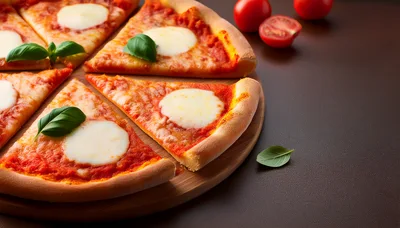 Slices Of Margherita Pizza On A Wooden Board