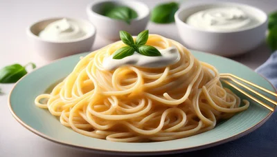Spaghetti Pasta With Cream Sauce And Fresh Basil