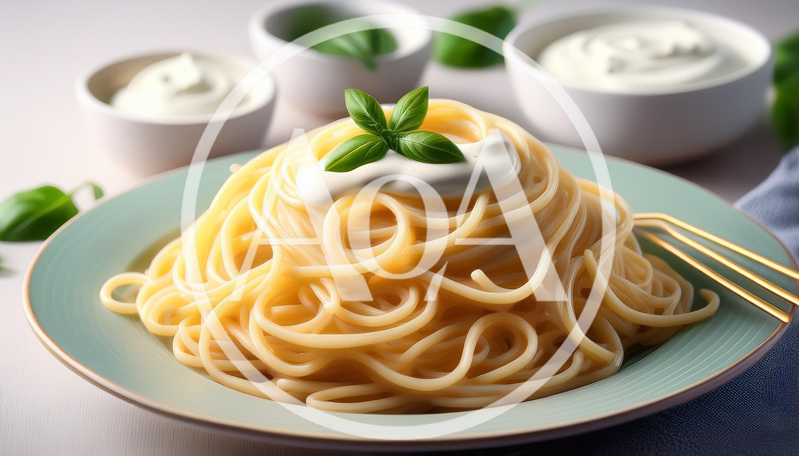 Spaghetti Pasta With Cream Sauce And Fresh Basil