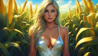 Beautiful Blonde Woman Standing In A Sunny Cornfield