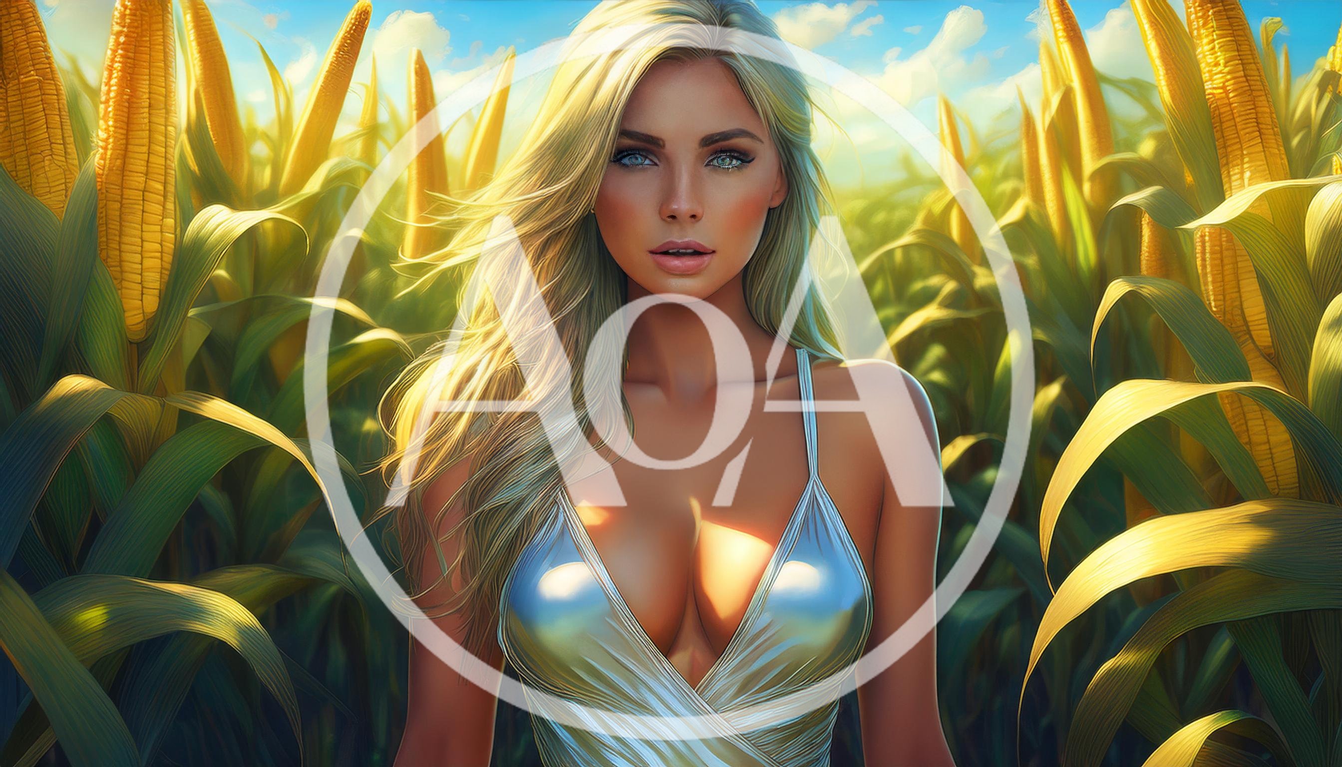Beautiful Blonde Woman Standing In A Sunny Cornfield