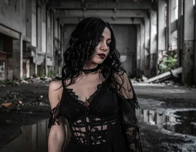 Gothic Woman Standing In An Abandoned Industrial Warehouse