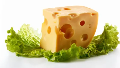 Block Of Swiss Cheese On Fresh Green Lettuce