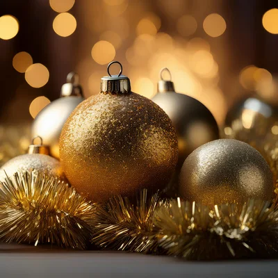 Golden Christmas Ornaments With Glitter And Tinsel