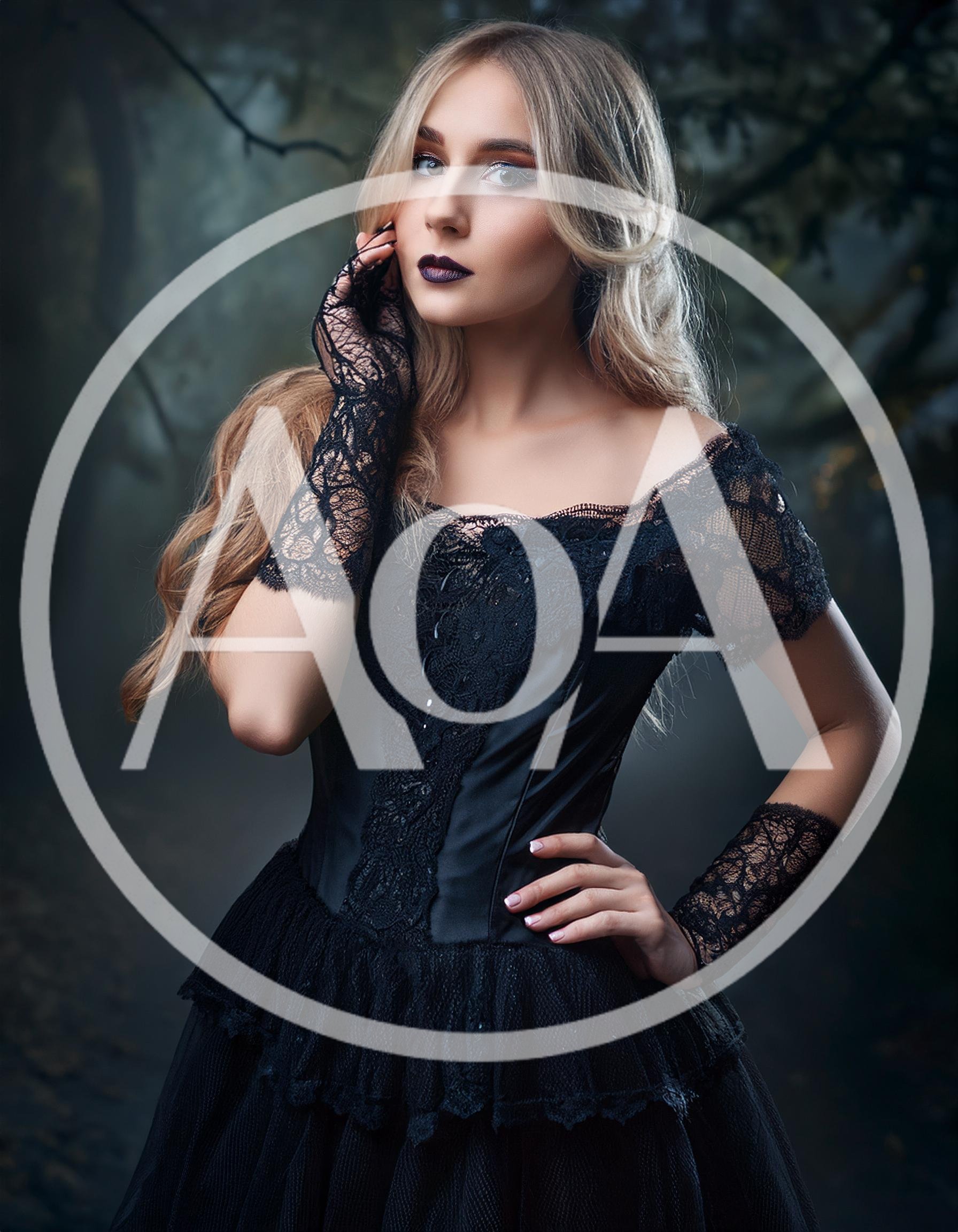 Gothic Woman In Black Lace Dress Posing In Forest