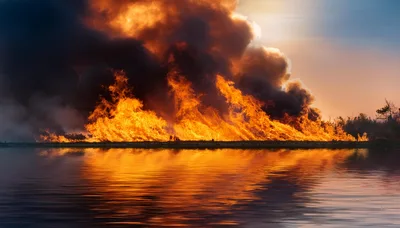 Intense Wildfire Burning Along A Calm Water Shoreline