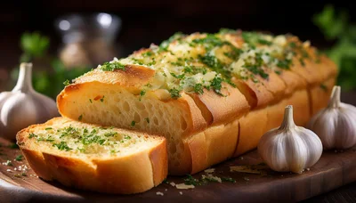 Freshly Baked Garlic Bread Loaf on Wooden Board