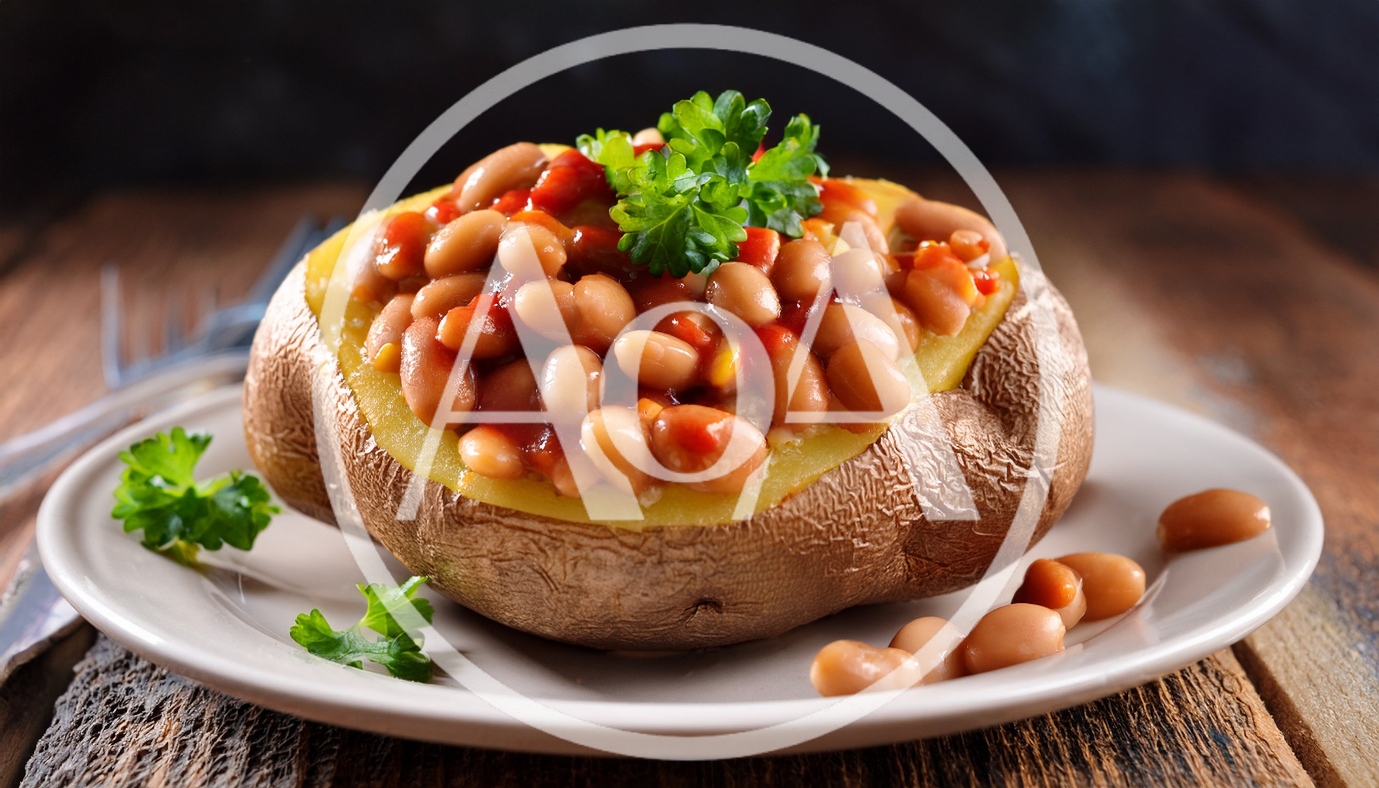 Baked Potato Topped With Beans And Parsley