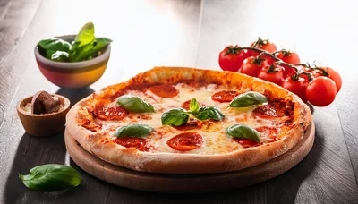Fresh Pepperoni Pizza With Basil And Tomatoes