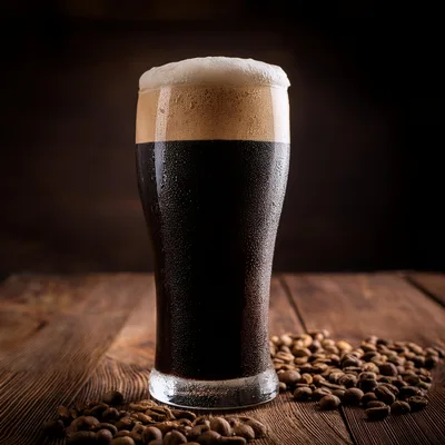 Glass Of Cold Stout Beer With Coffee Beans