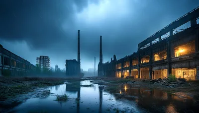 Abandoned Industrial Factory Ruins Under Stormy Blue Sky
