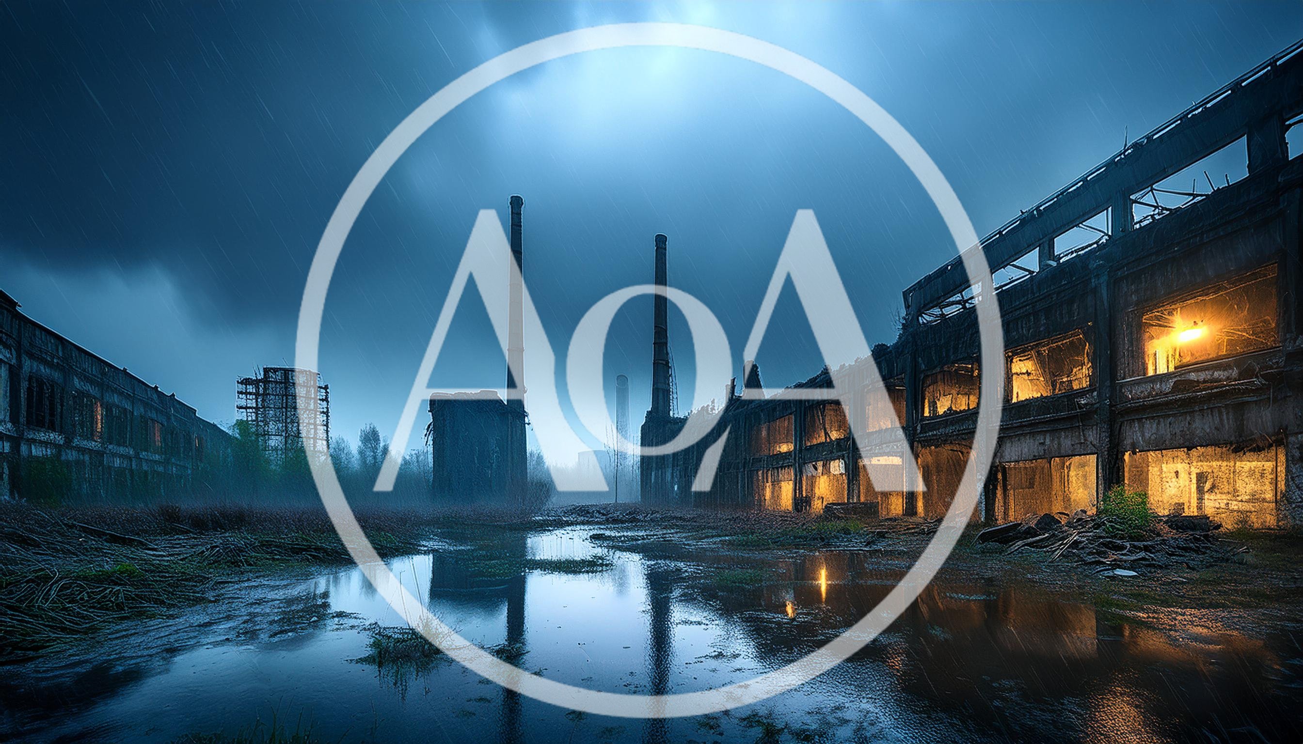 Abandoned Industrial Factory Ruins Under Stormy Blue Sky