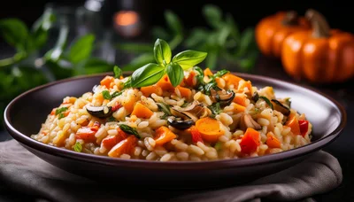 Gourmet Pumpkin Risotto Served in a Dark Bowl