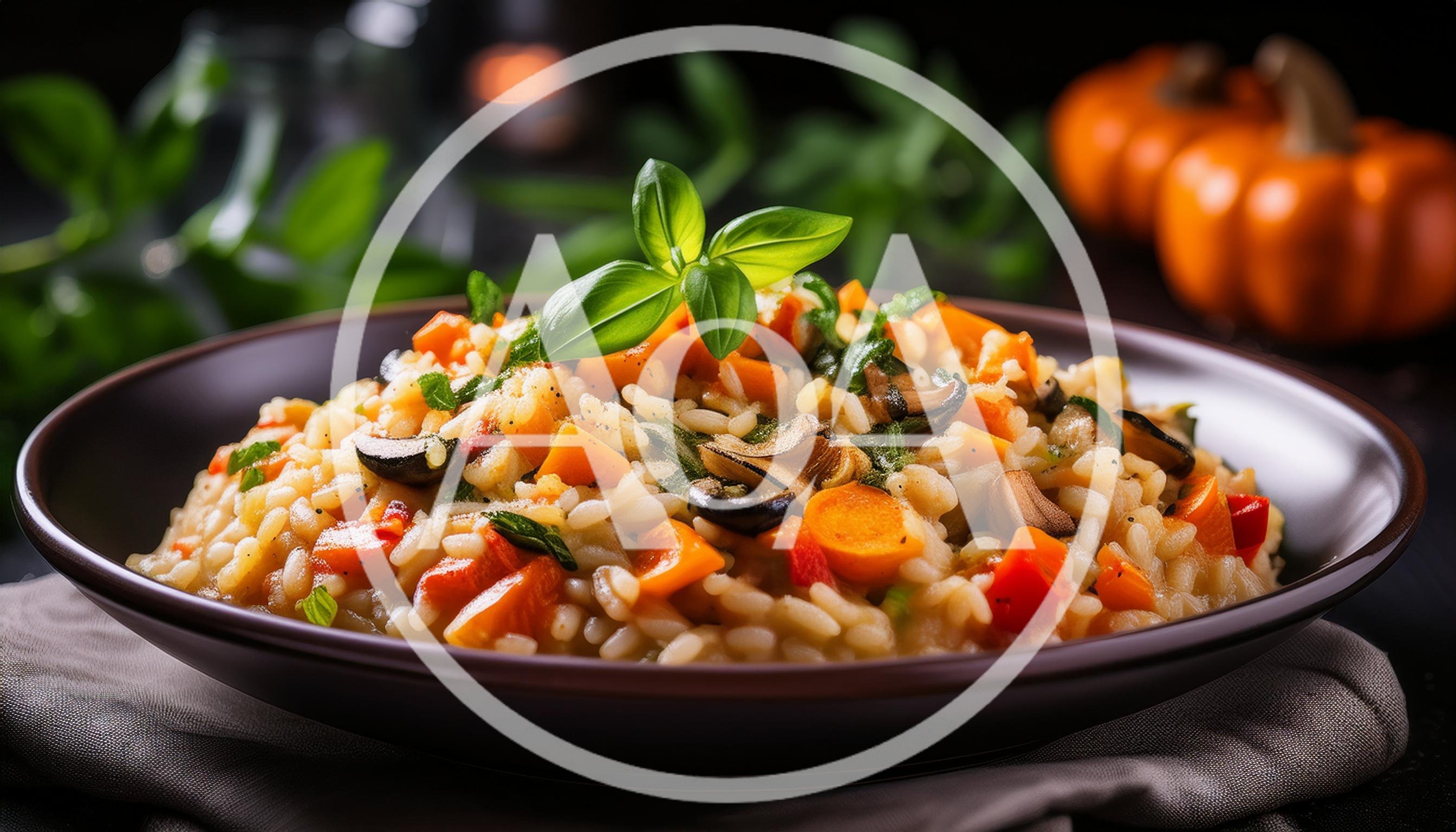 Gourmet Pumpkin Risotto Served in a Dark Bowl